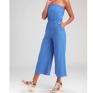 Lulu's Blue embroidered strapless jumpsuit